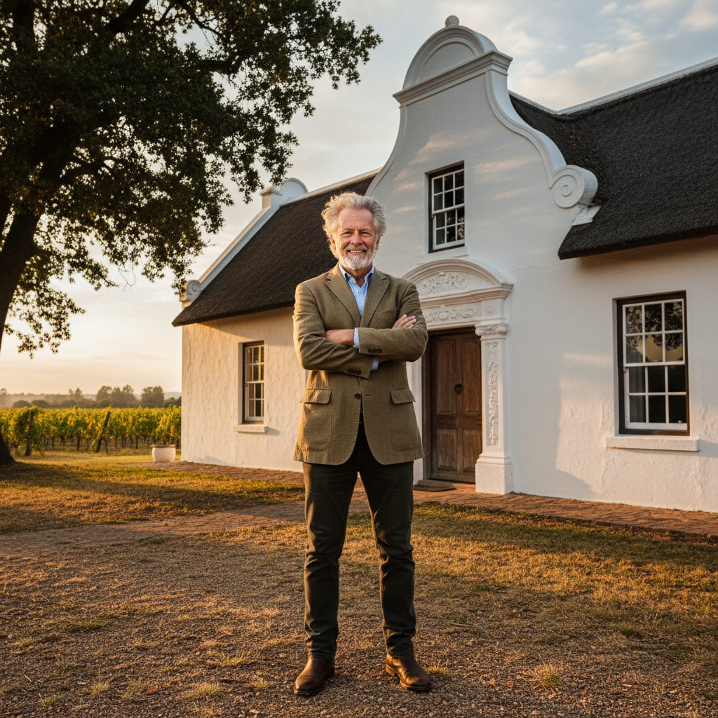 Older Afrikaner man with greying hair standing in front of Cape Dutch heritage home