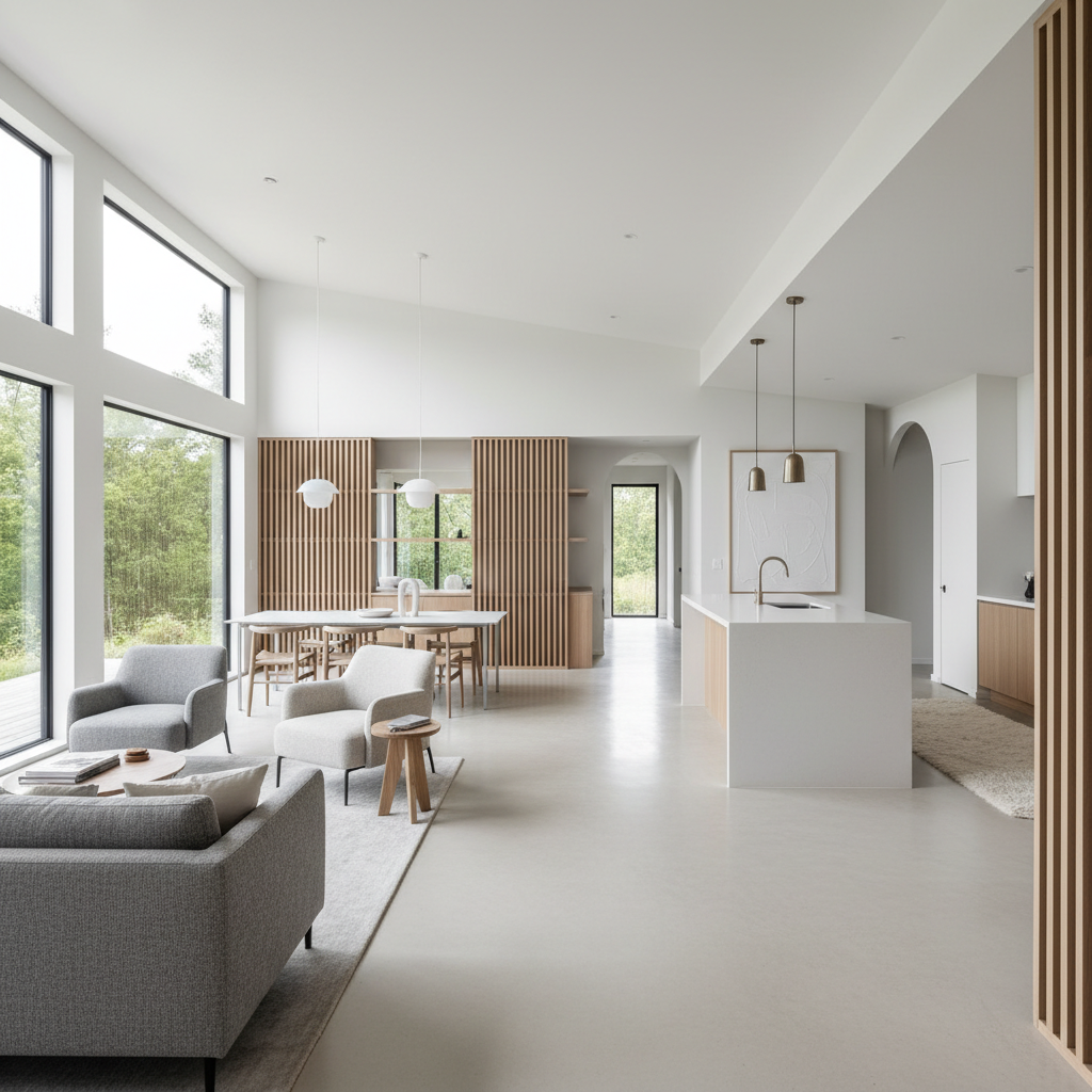 Wide-angle doorway shot of reconfigured modular home interior showing open floor plan with new primary suite entrance visible in the distance through the space