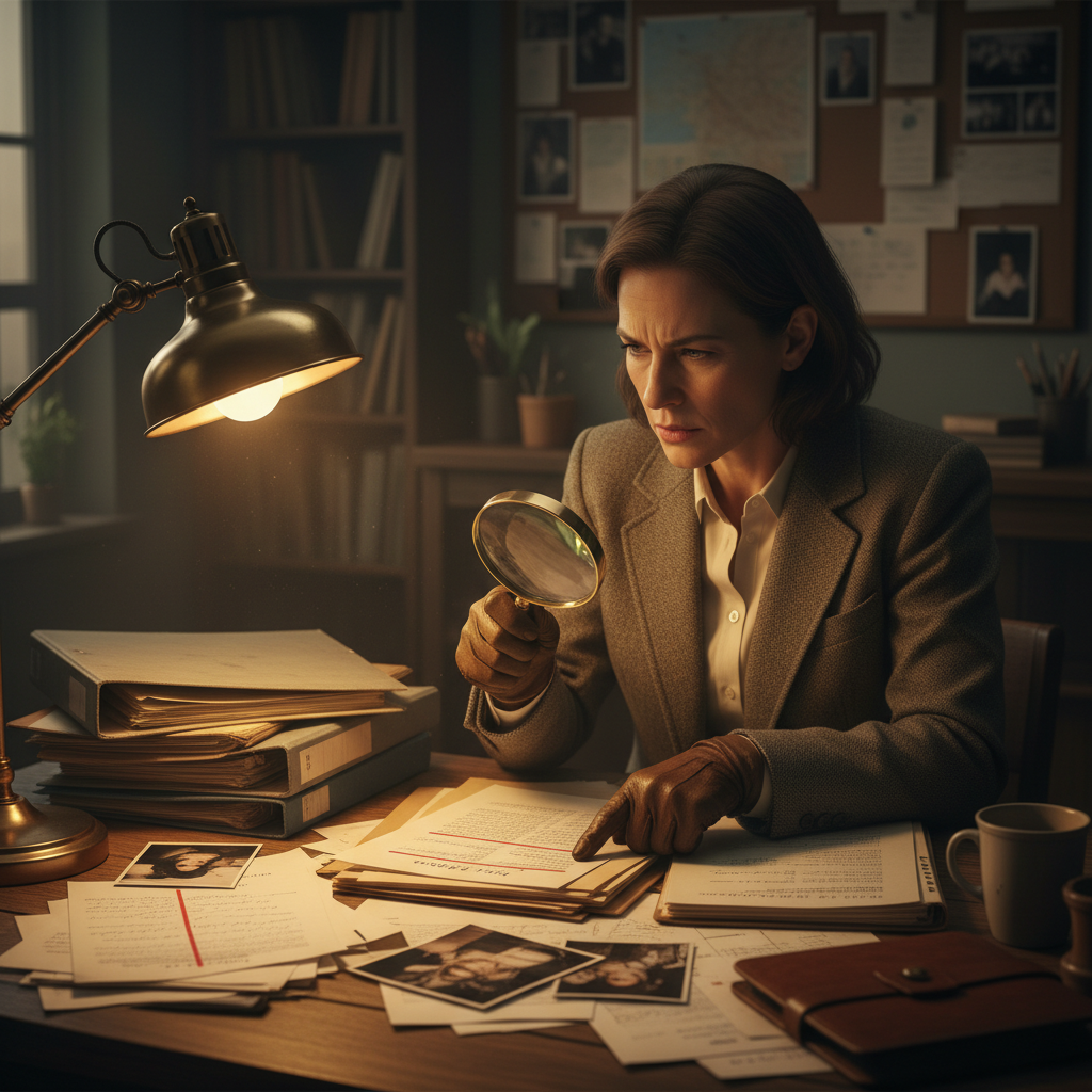 Insurance claim forms and a magnifying glass on a dark desk, analytical workspace with dramatic side lighting