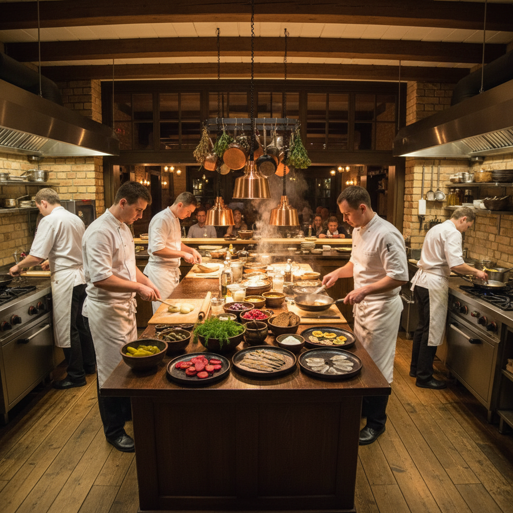 Vakarienė open kitchen with chefs preparing traditional Lithuanian dishes