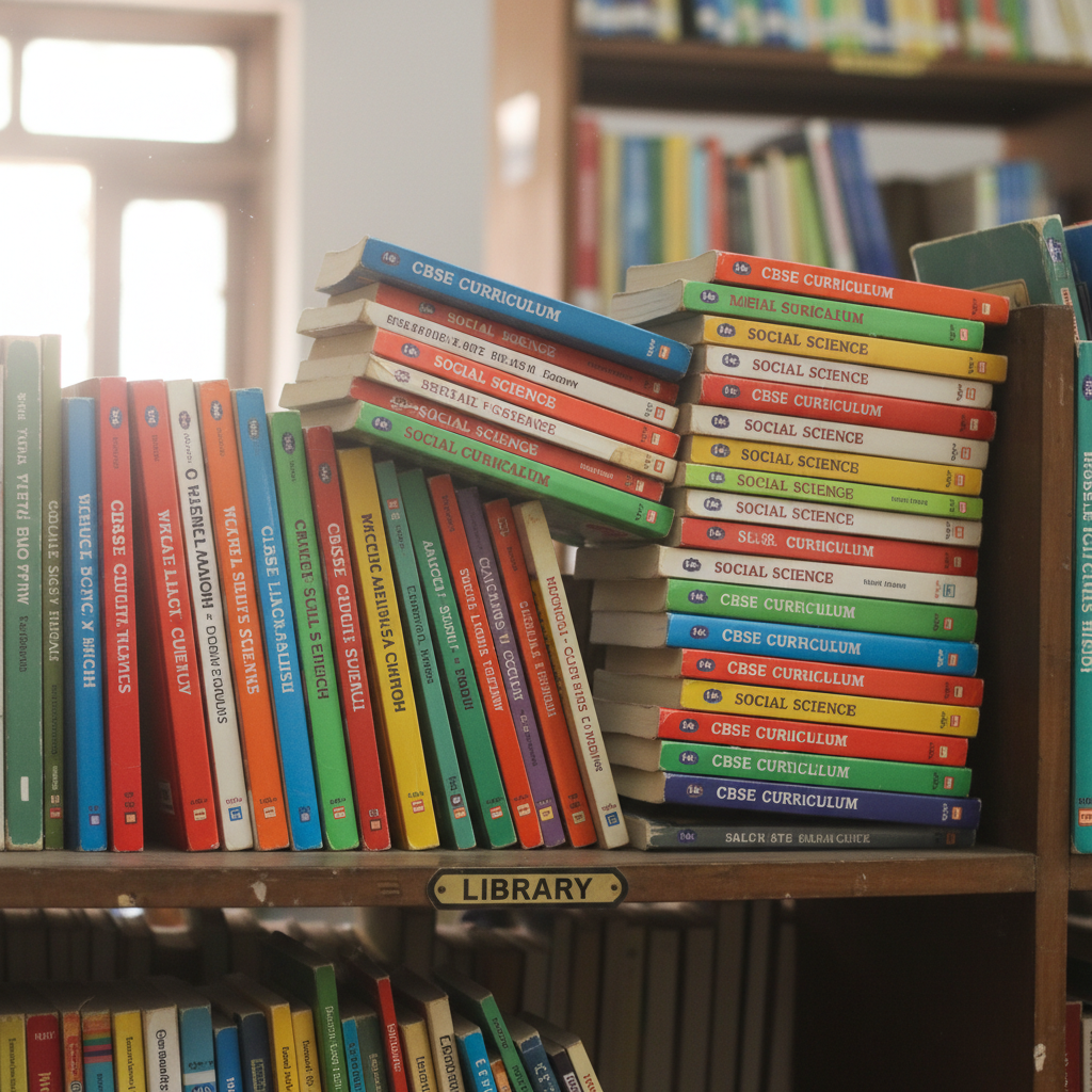 CBSE curriculum books stacked on library shelf