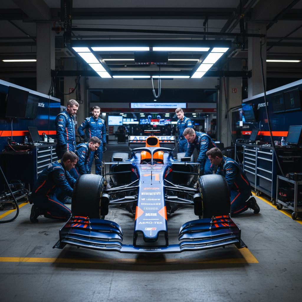Formula 1 car in pit lane garage with mechanics — technical detail showing components and manufacturing precision for cost breakdown