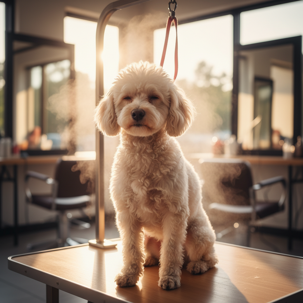 Golden-hour salon light with a poodle on a grooming table, steam and warmth