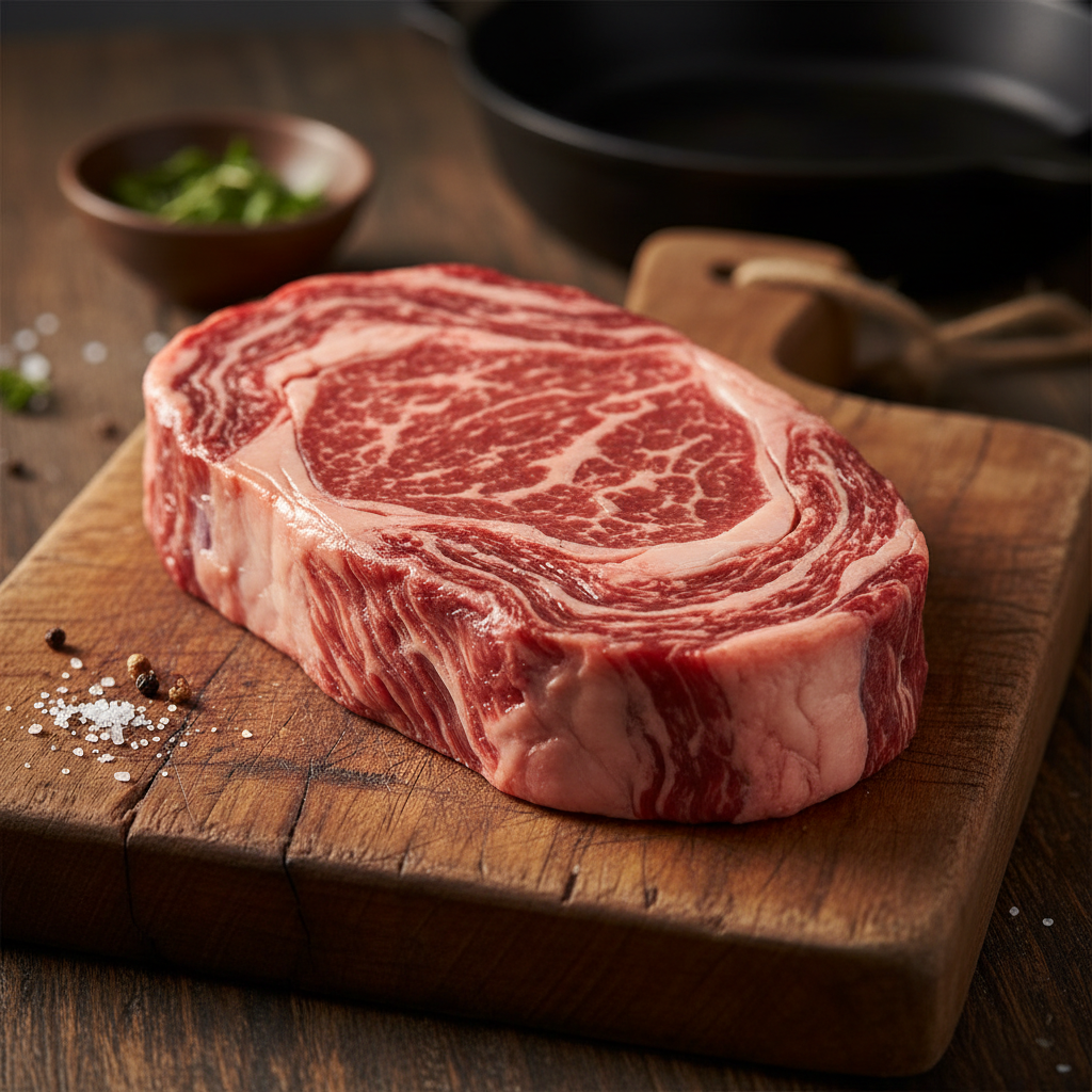 Thick ribeye steak raw on dark butcher block, rich marbling, deep red meat