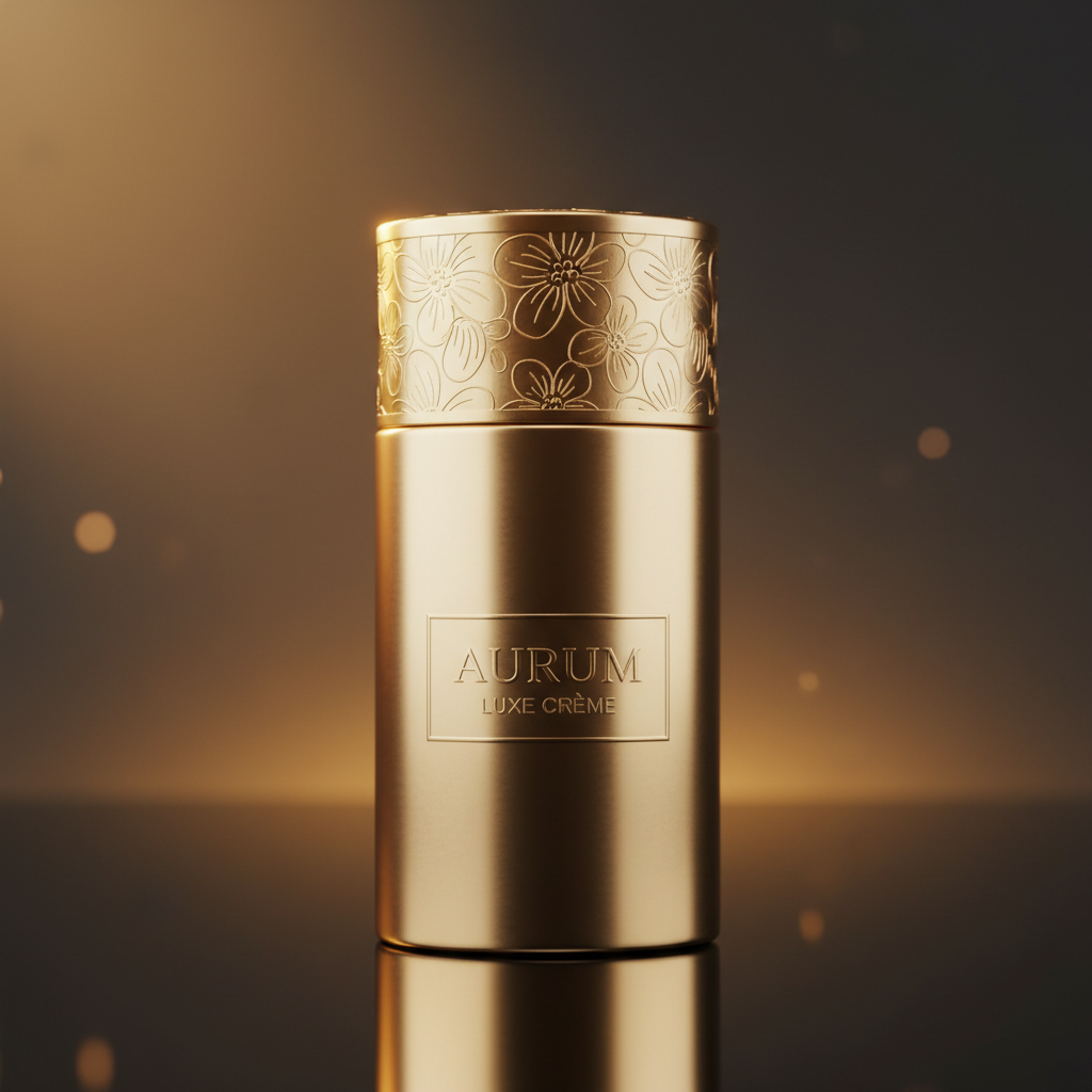 Luxury product commercial still with dramatic dark studio lighting and gold accents