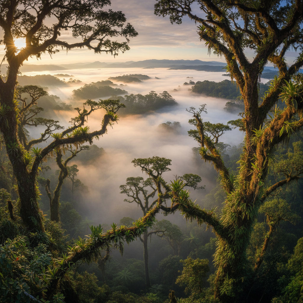 Misty Dominica volcanic mountain peaks emerging from dense tropical rainforest canopy at dawn with golden light