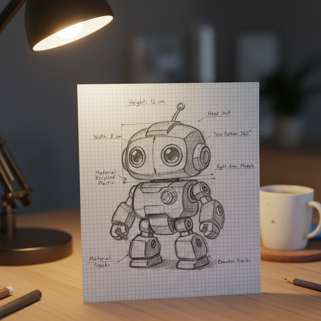 Pencil sketch of toy character on graph paper with annotations and dimension notes, warm desk lamp lighting