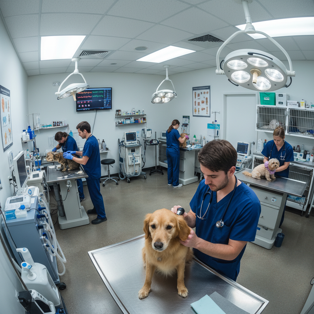 Profesyonel veteriner hekim muayenehane ortamında, deneyimli ekip