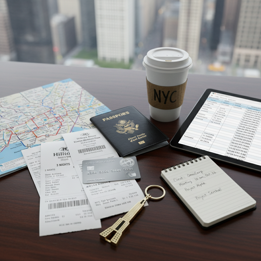 Passport and travel documents on a wooden desk with golden light and world map in background