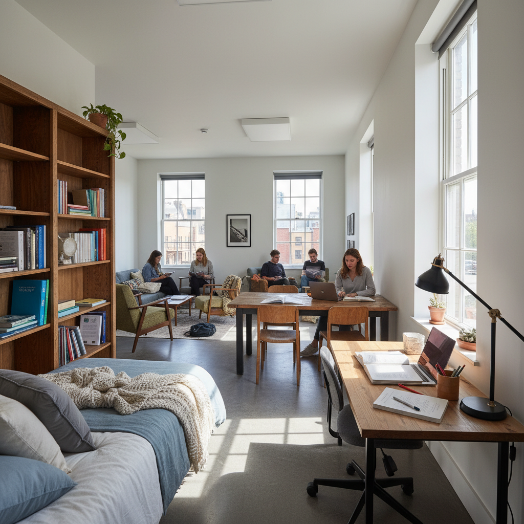 Students in a modern school dormitory lounge area, casual seating, evening lighting, relaxed social atmosphere