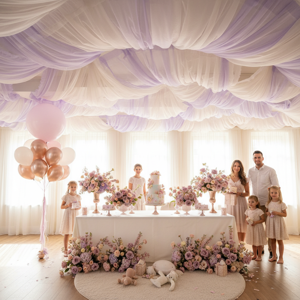 Birthday table with cake, balloons and pastel decorations