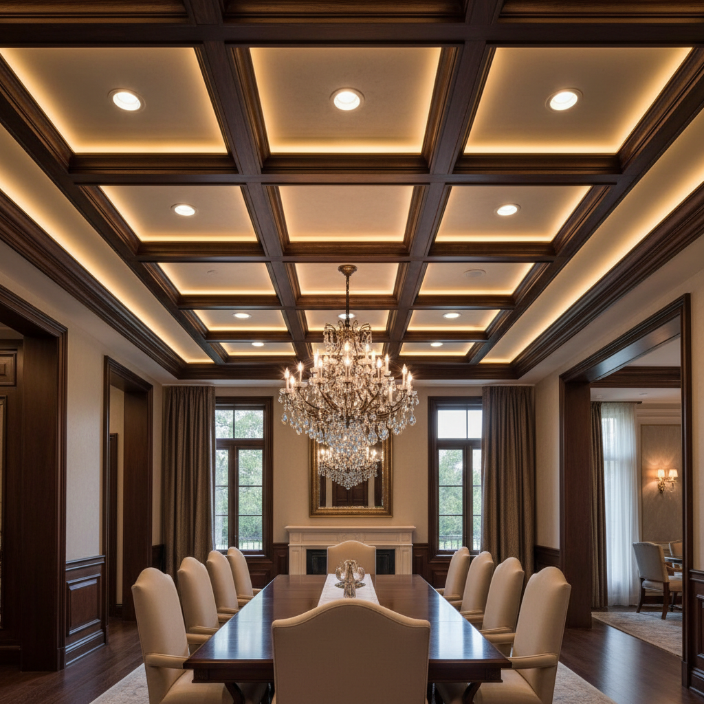Elegant coffered ceiling in dining room with recessed lighting and dark wood beams