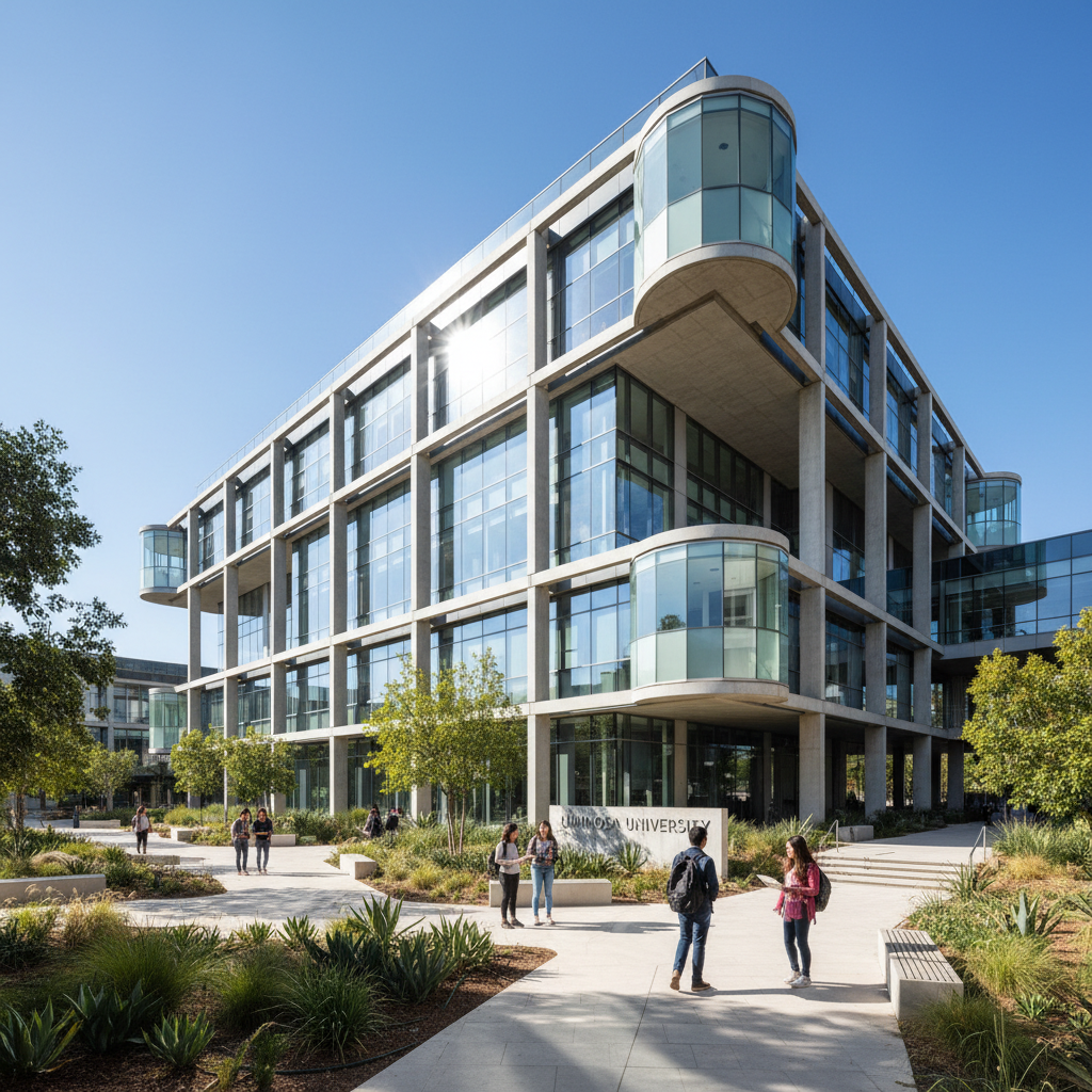 Modern university campus building with glass facade and students walking