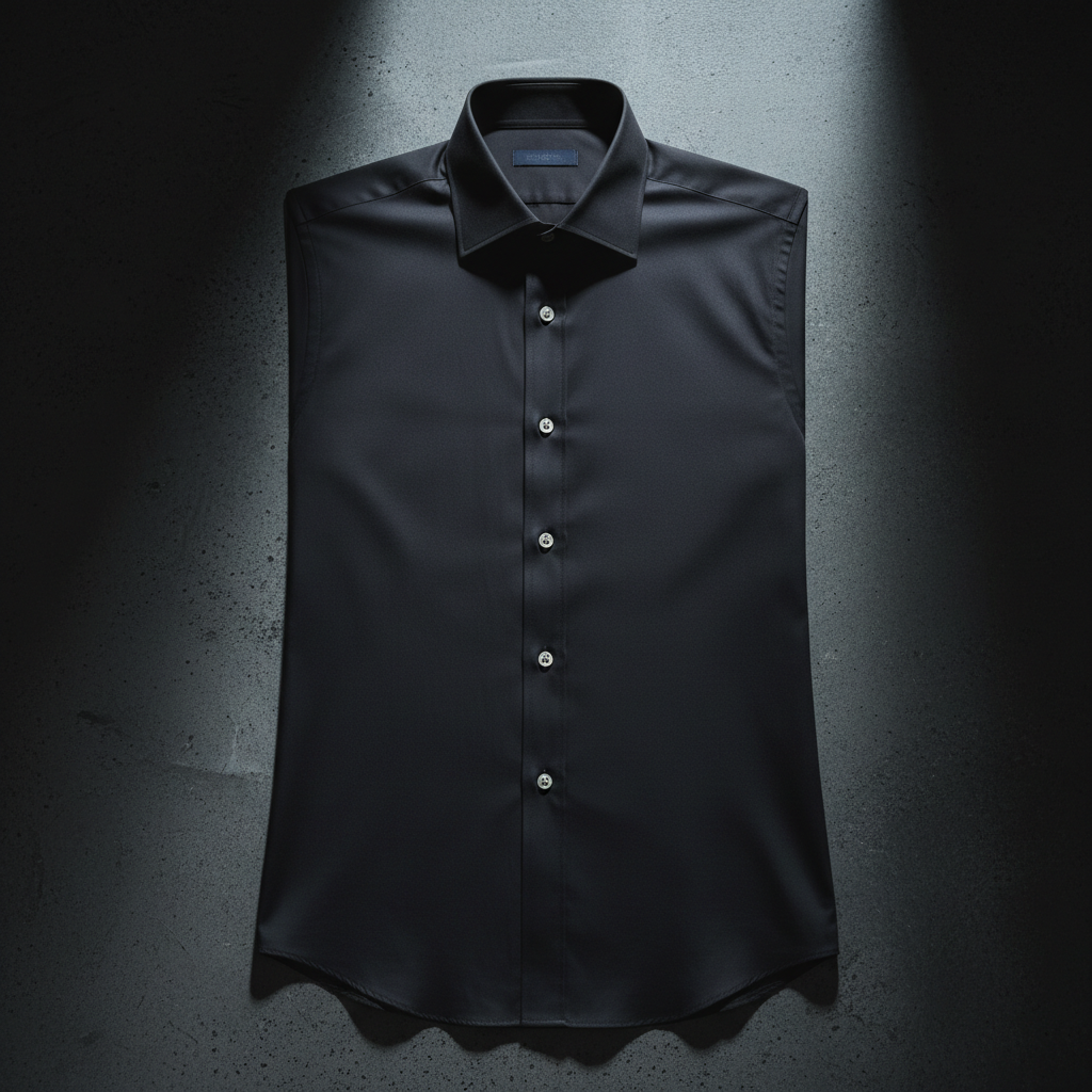 Dark charcoal t-shirt with subtle script text, moody editorial lighting, dark studio