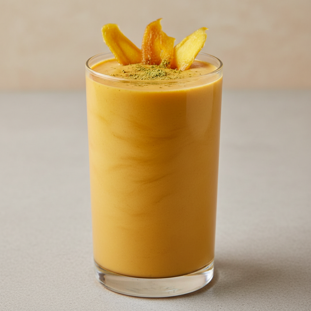Thick mango lassi in tall glass with mango slice garnish, golden yellow drink on dark background