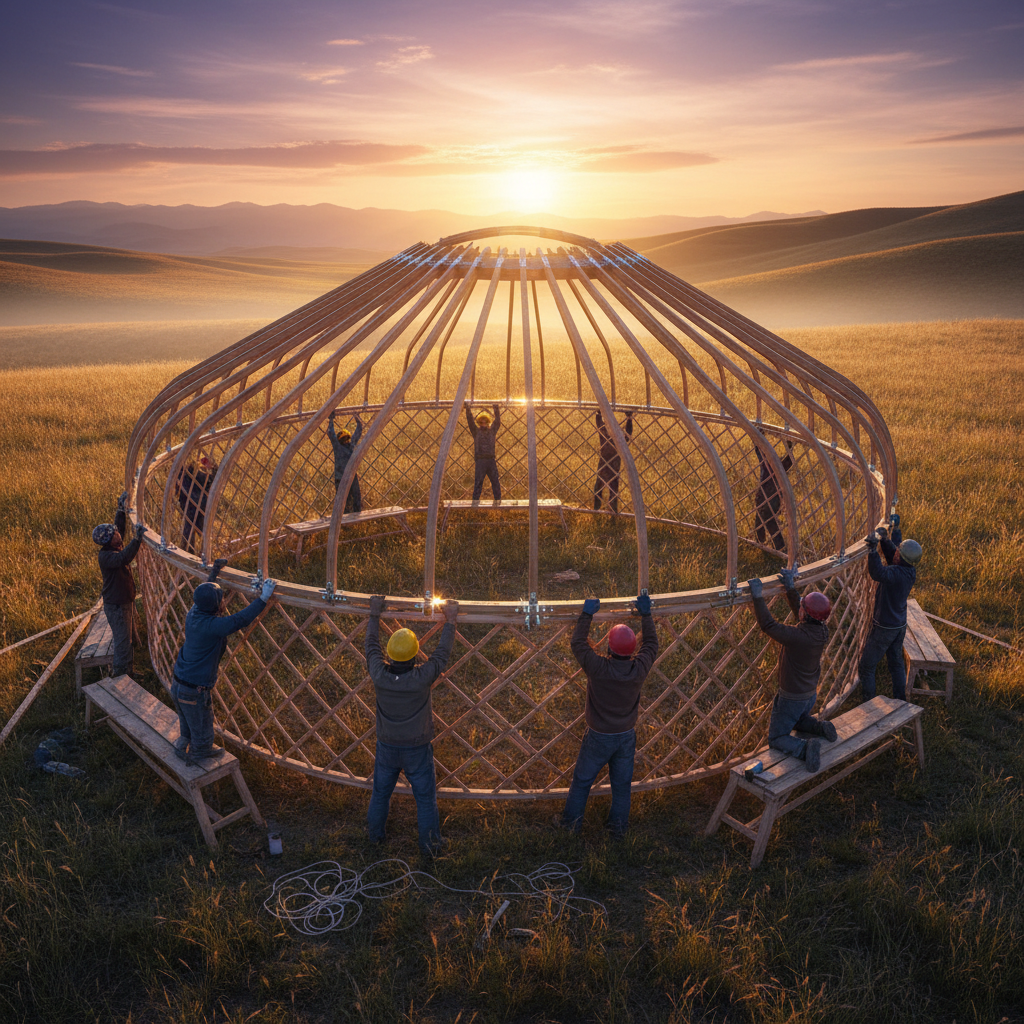 Yurt frame being raised by workers in a golden meadow at sunset