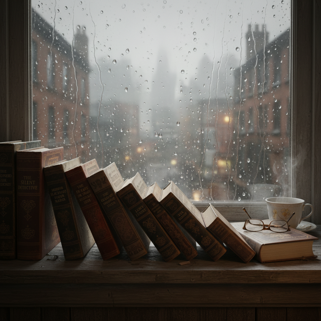 Six mystery novels fanned out on a rainy windowsill