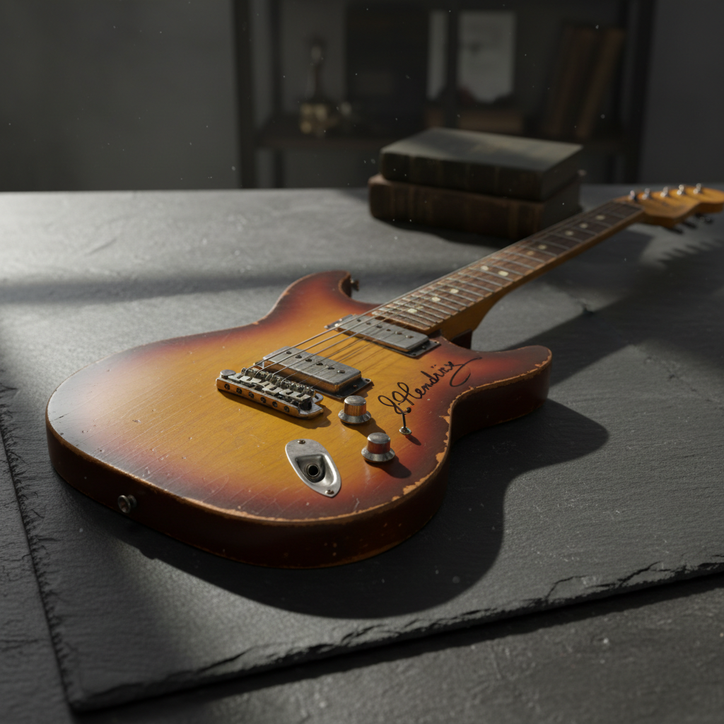Vintage signed guitar displayed as a premium collectible with dramatic lighting