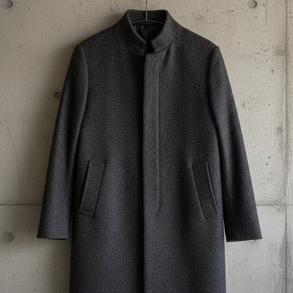 Natural hemp linen coat hanging on exposed brick wall, oversized silhouette, raw hem, warm studio light