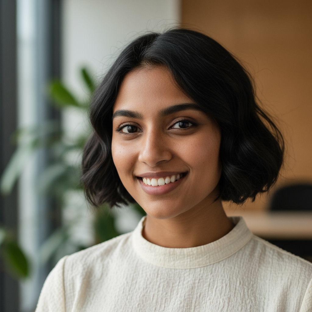 Young Indian woman with confident smile, professional headshot, warm natural lighting