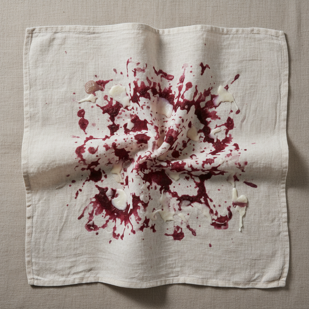 Irish linen tablecloth with red wine stains, candle wax, and deep fold creases from storage