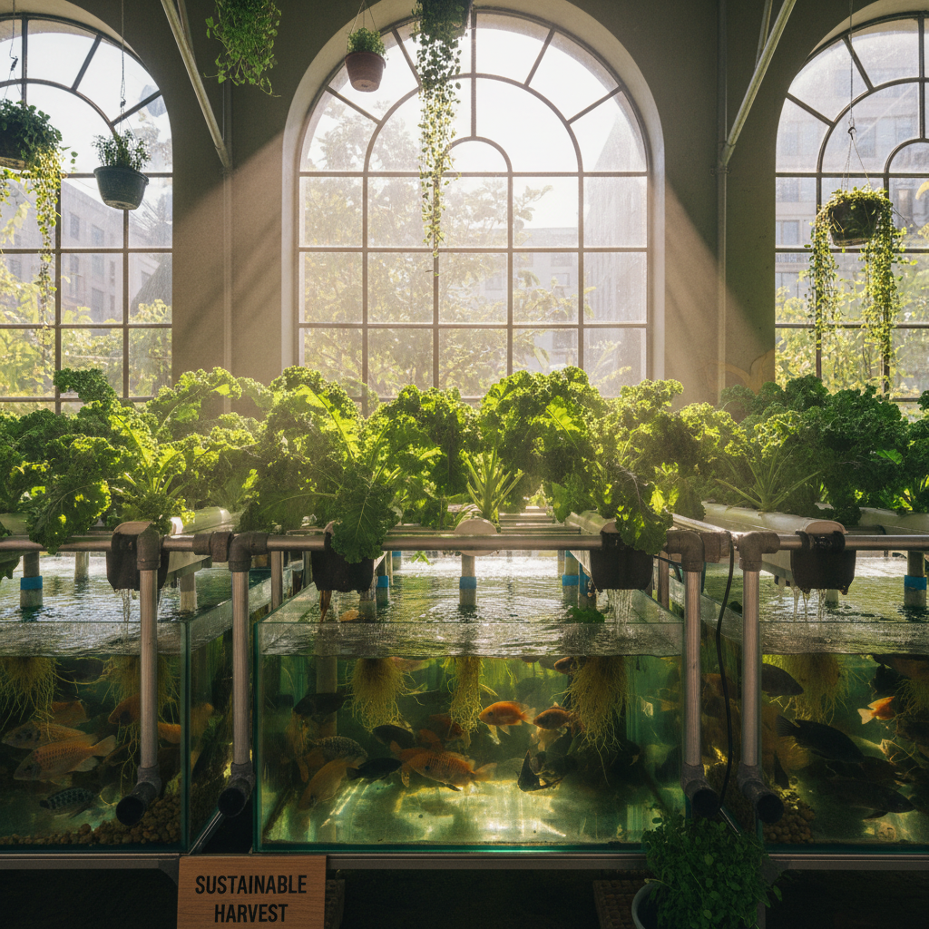 Aquaponics system with fish tanks connected to hydroponic grow beds, green leafy plants growing above clear water tanks