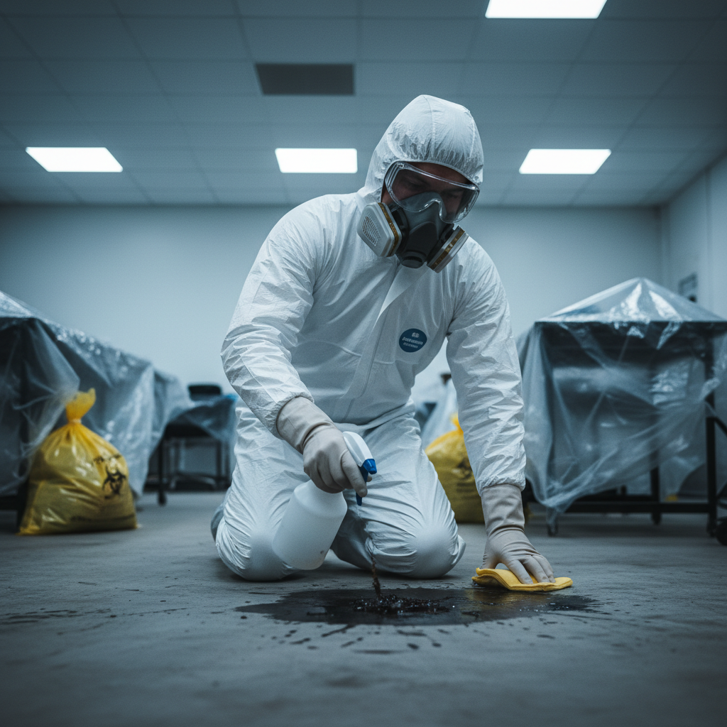 Professional restoration technician in full protective gear during biohazard cleanup