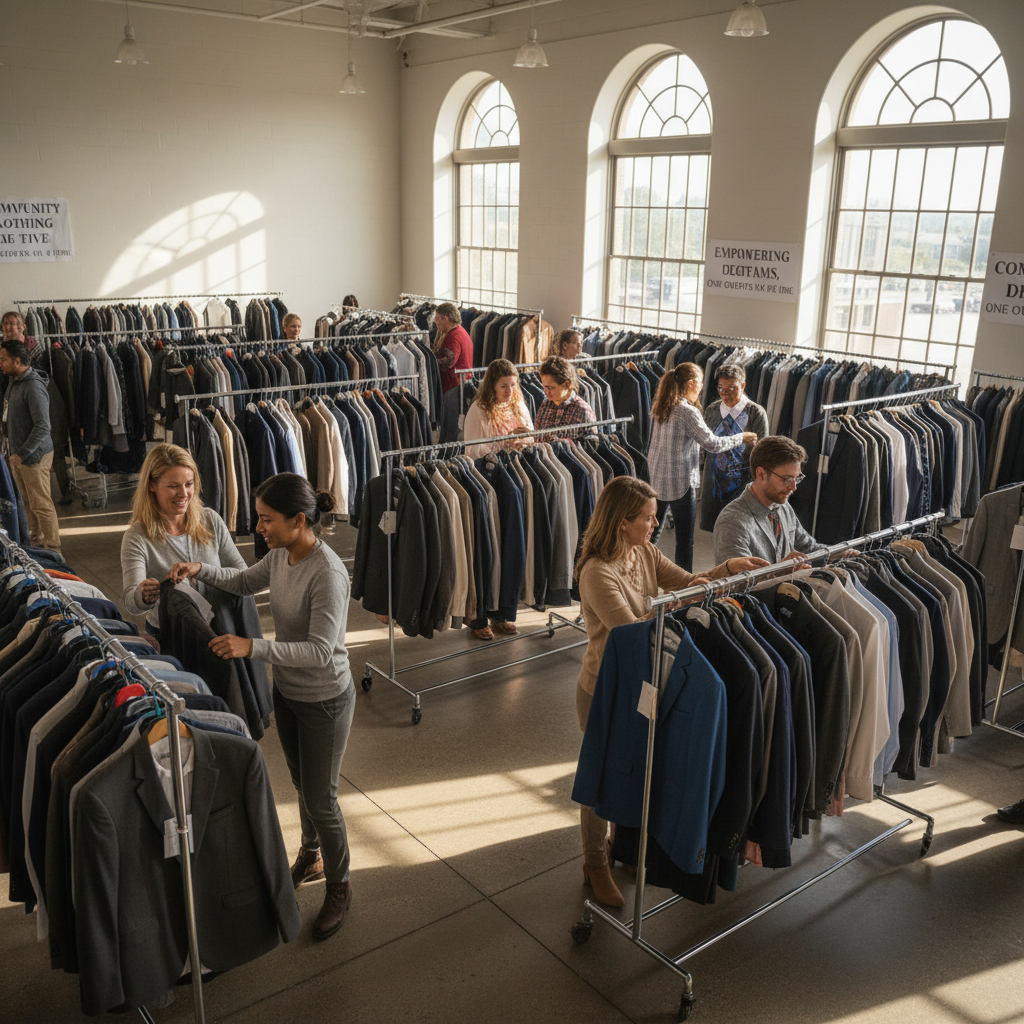 Volunteers sorting donated goods at a community center, bright organized space