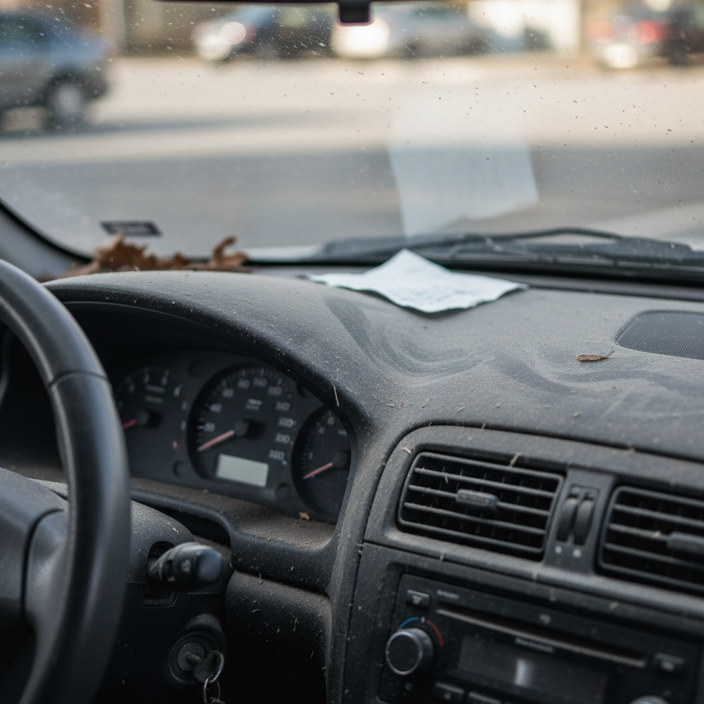 Dusty car dashboard with fingerprints and grime on plastic surfaces before detailing
