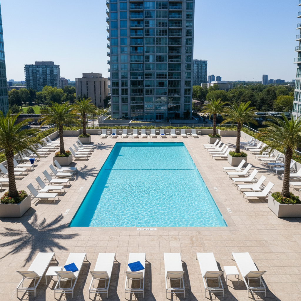 Aerial view of a clean residential condominium outdoor pool surrounded by lounge chairs on a sunny Toronto morning