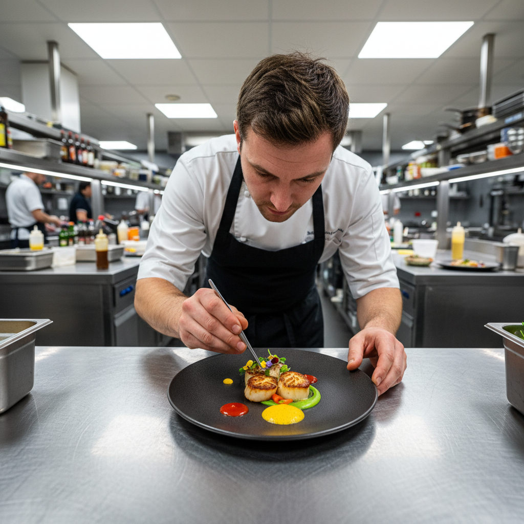 Chef carefully plating a fresh dish in the kitchen with attention to detail