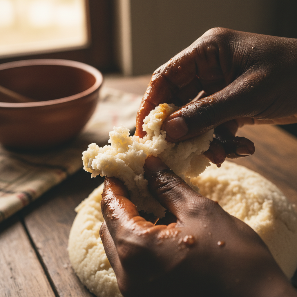 Hands tearing sadza over a steaming pot, sauce coating fingers