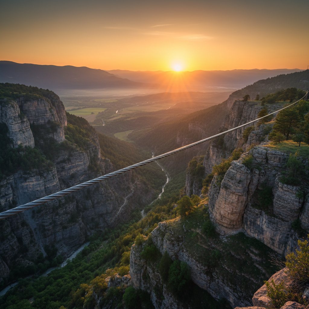 Dramatic mountain canyon with steel cable zip line spanning the full width at sunset, valley floor visible far below