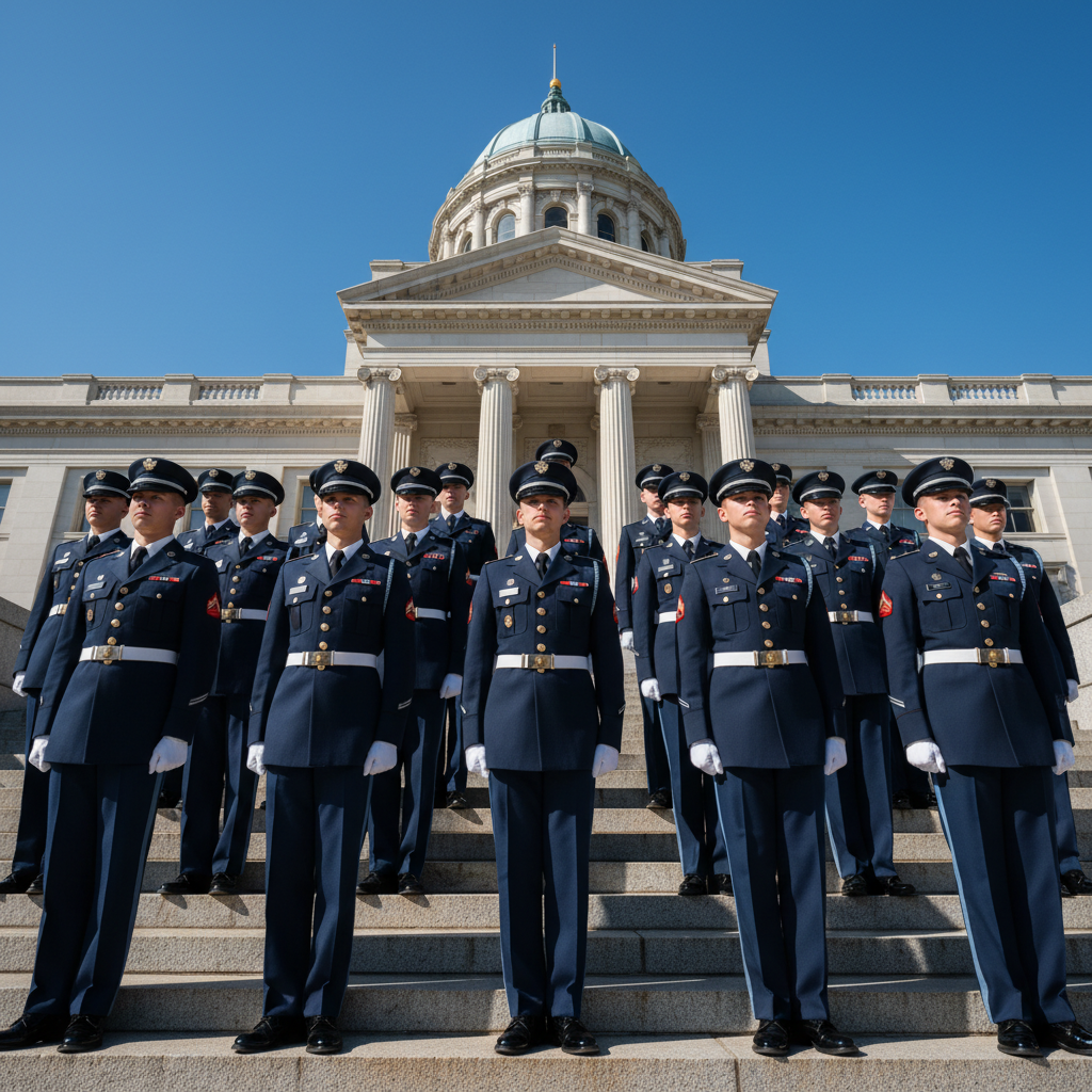 Thirty cadets in pressed uniforms standing in formation on courthouse steps, shot from below against open sky, postures proud but humanly imperfect