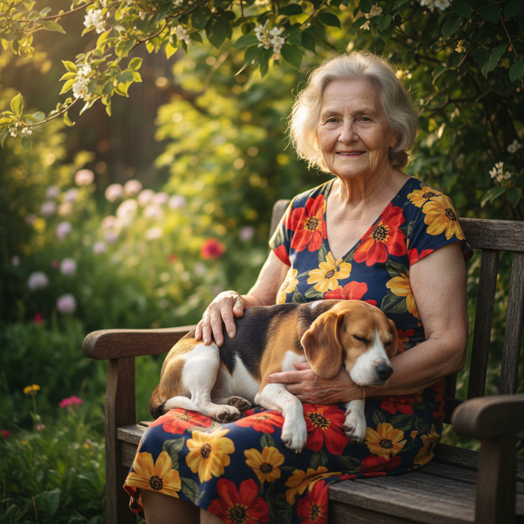 Grandmother in floral dress sitting in garden with a beagle on her lap