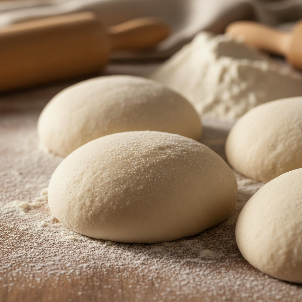 Raw pide dough balls on a floured surface ready for shaping