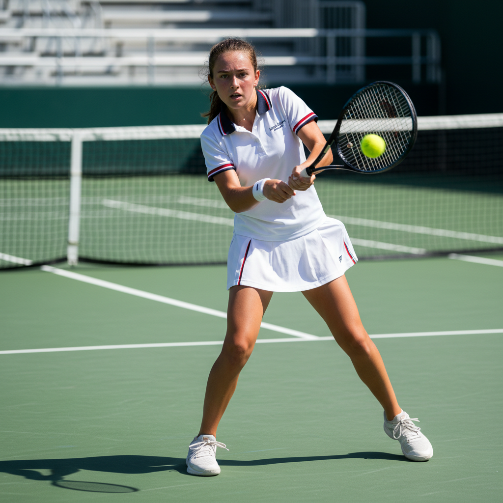 Young tennis player in academy uniform hitting backhand on green court during training session