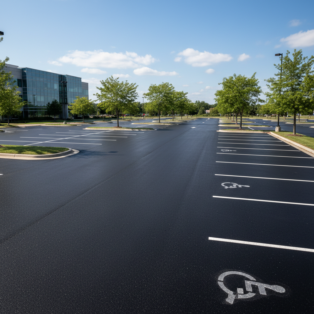 Commercial parking lot with freshly sealed dark asphalt and white line markings, clean industrial property