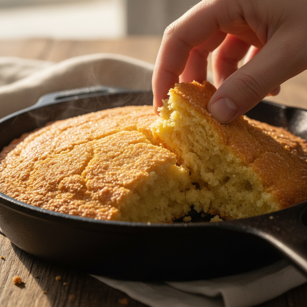 Hand breaking the golden crust of a cast-iron cornbread