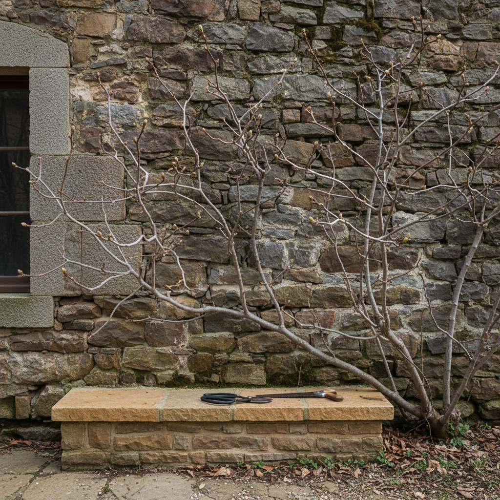 Bare fig tree branches against a stone wall in winter dormancy, pruning tools resting on warm limestone