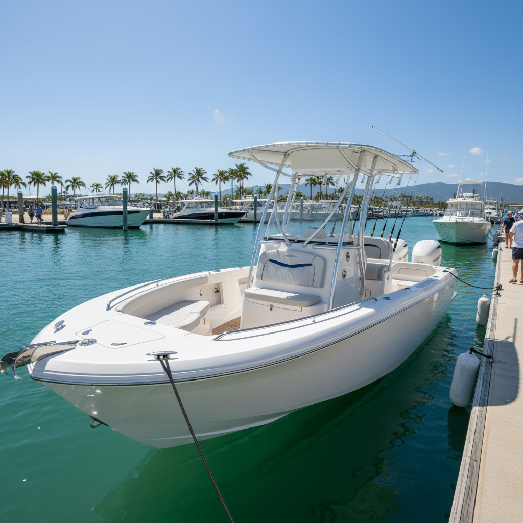 Grady-White 251 Coastal Explorer sold, white hull with T-top docked at marina