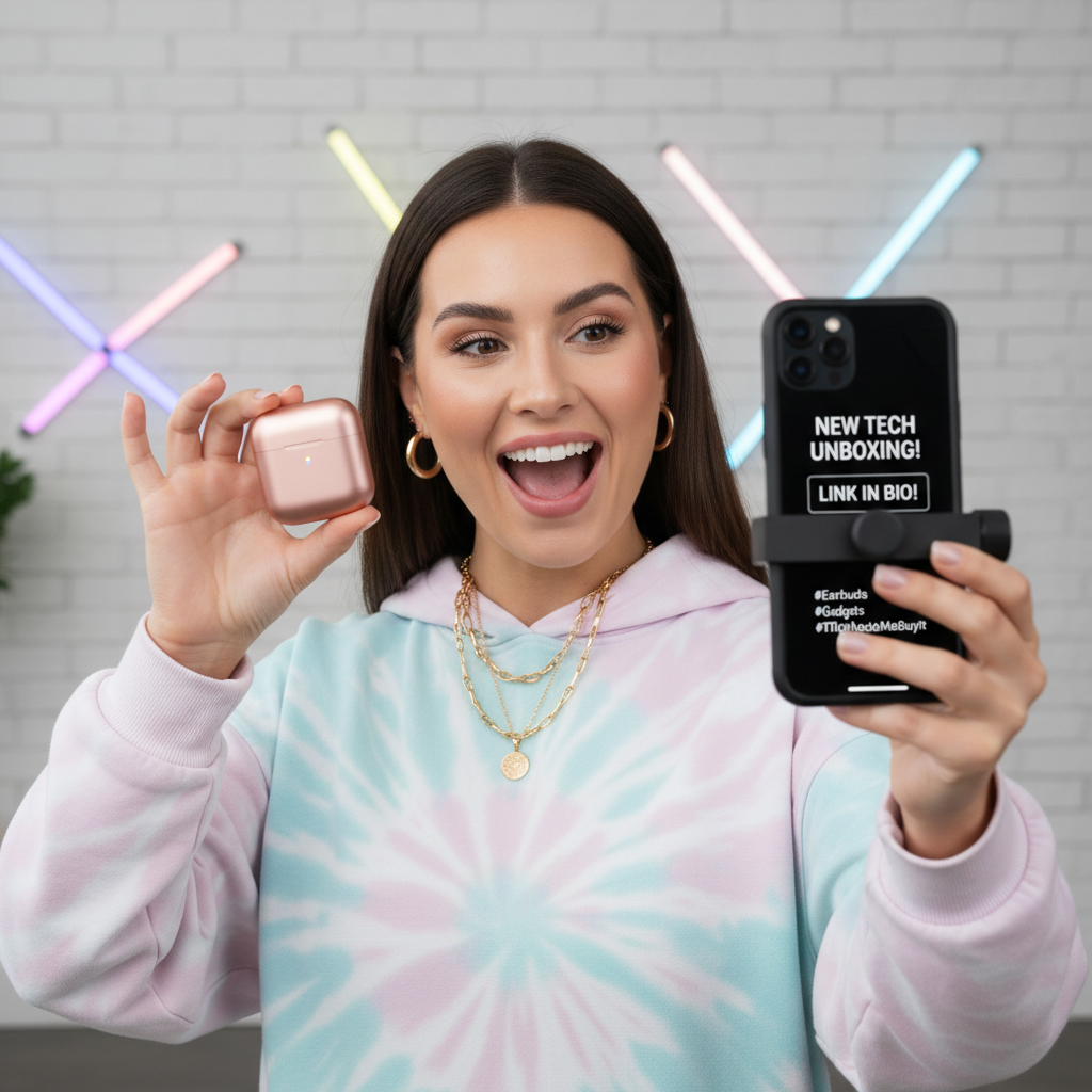 Influencer holding product while filming short form video content for TikTok