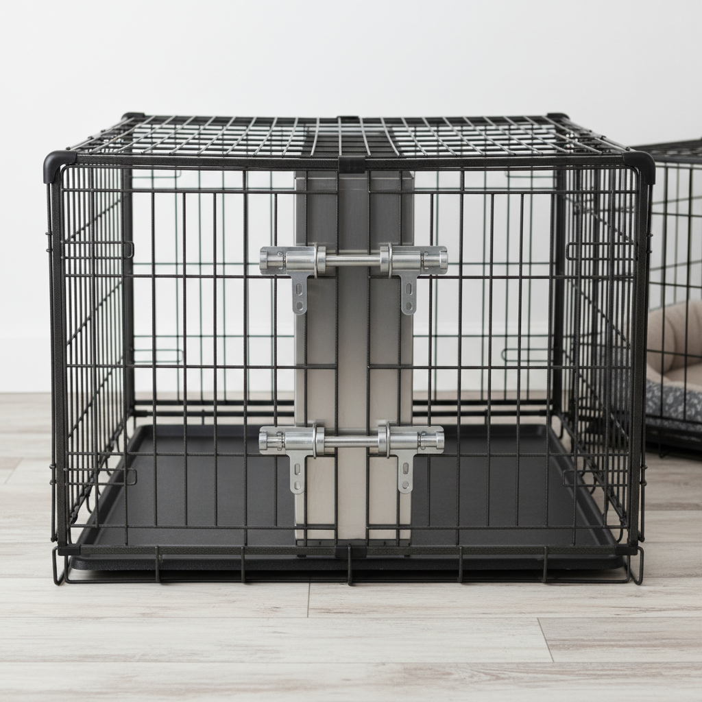 Heavy-duty double-door dog crate with reinforced latches and divider panel on a wood floor