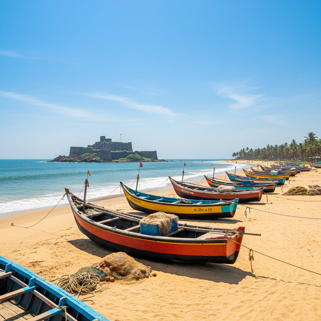 Malvan beach with Sindhudurg fort in the background and fishing boats in foreground