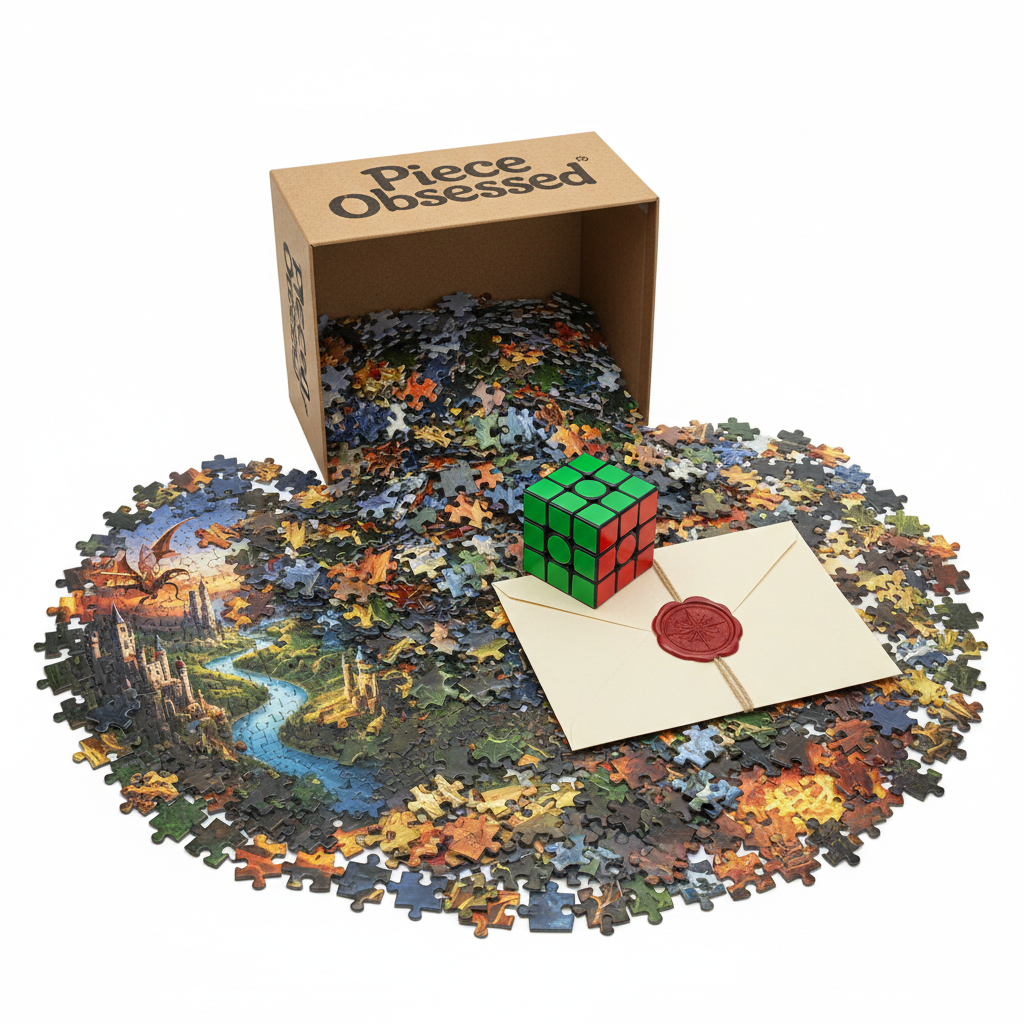 Piece Obsessed box overflowing with 1500-piece panoramic puzzle, speed cube, and wax-sealed mystery envelope