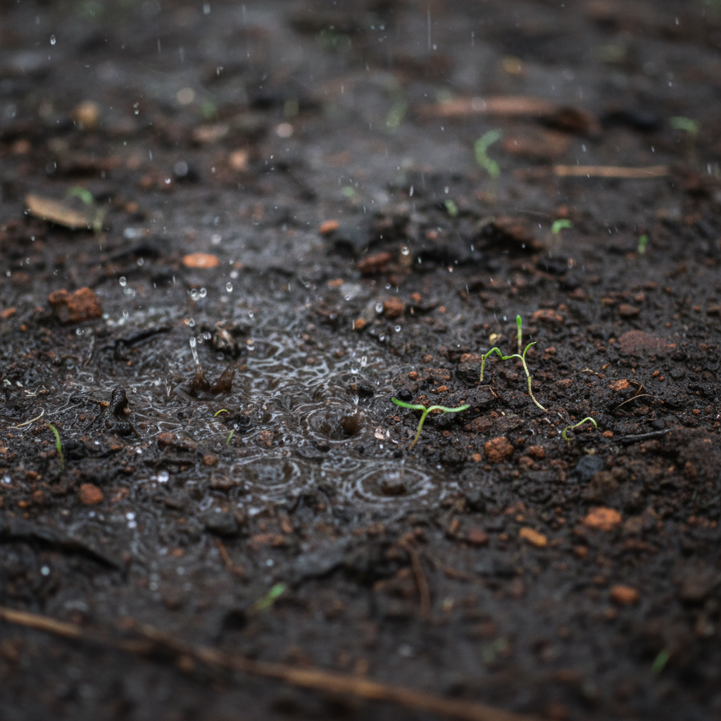 Wet clay earth with first monsoon raindrops creating petrichor, dark soil and green shoots