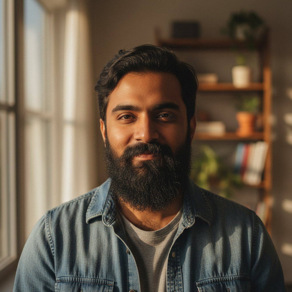 South Indian man with casual smile, light background