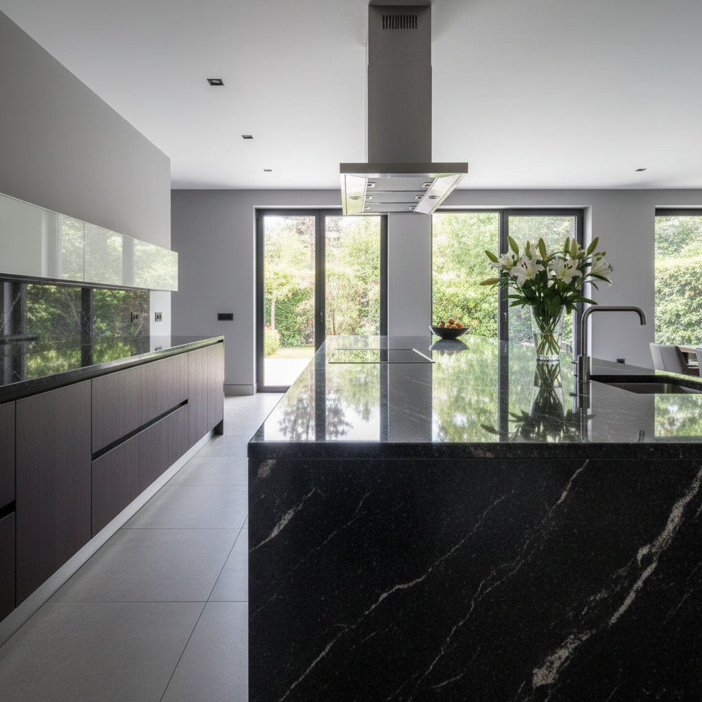 Minimalist kitchen interior with white cabinetry, concrete countertops, and large windows with garden view