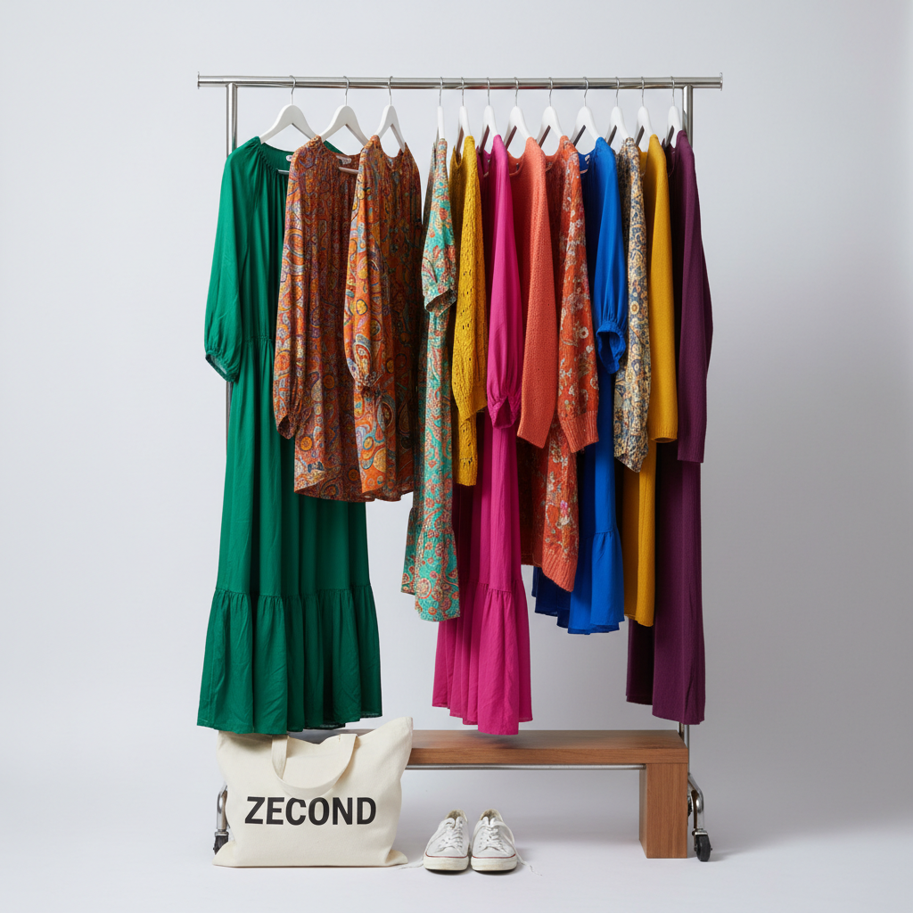 Perchero con ropa colorida colgada, bolso de tela ZECOND y zapatillas blancas sobre fondo claro