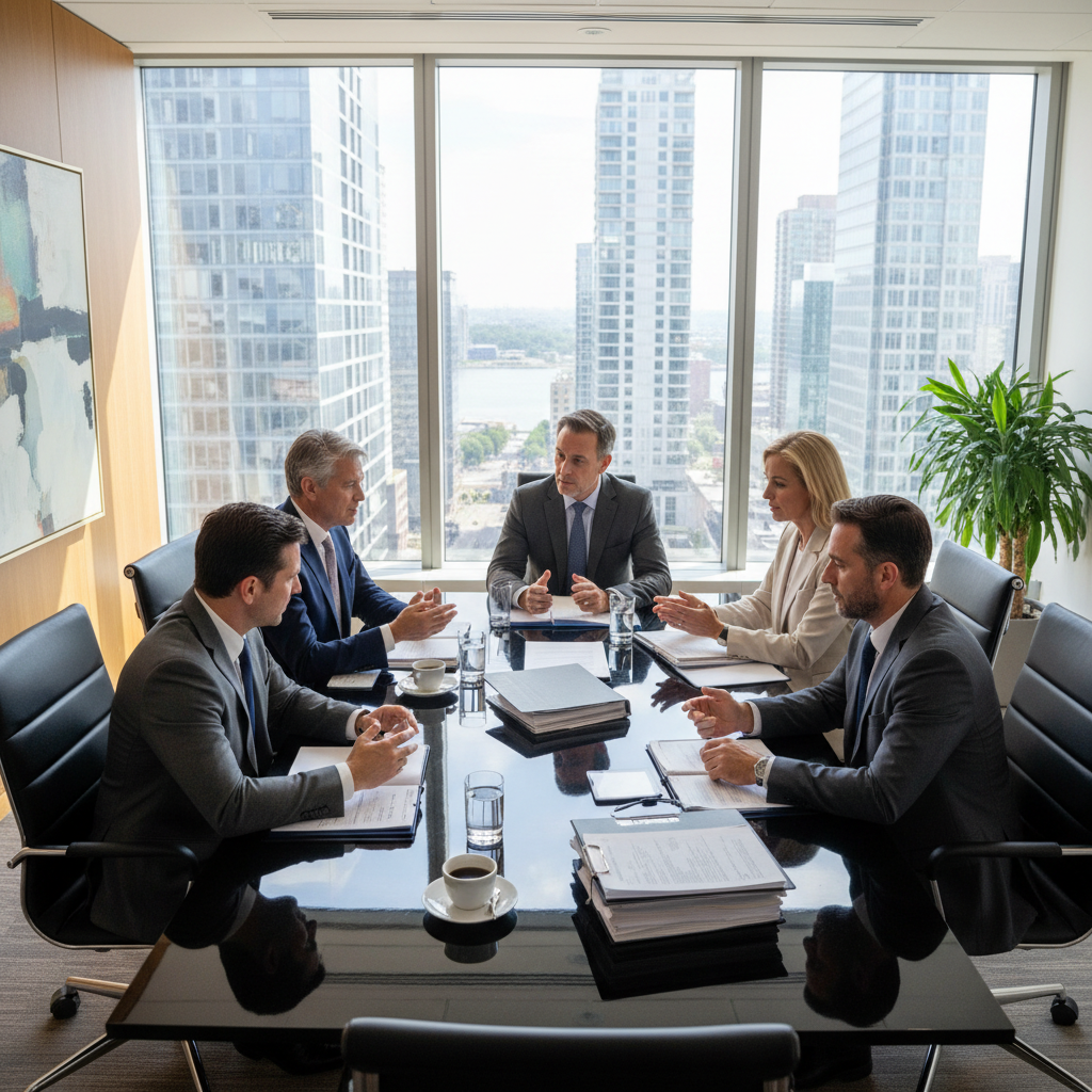 Professional insurance team meeting around a conference table in a Philadelphia high-rise office, dark atmospheric lighting